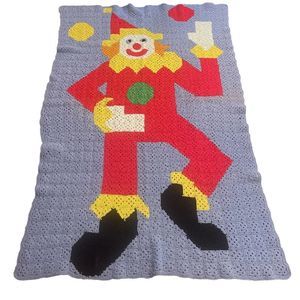 Vntg Handmade Granny Square Afghan Clown Blue Red Yellow Green 70inx45in Kids